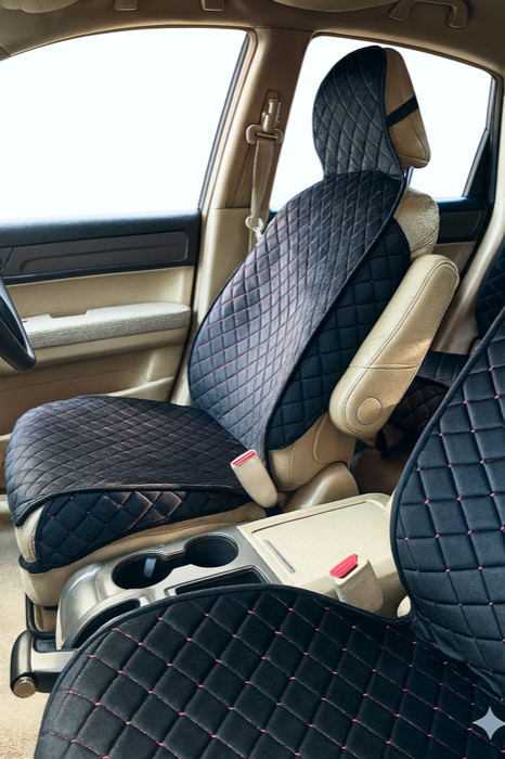 Накидка С антислипом, Полный комплект, Велюр, Черный, Ромб, прострочка Красный — фото